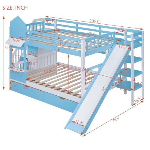 Gray Solid Wood Twin Over Twin Bunk Bed with Stairs and Slide B3312