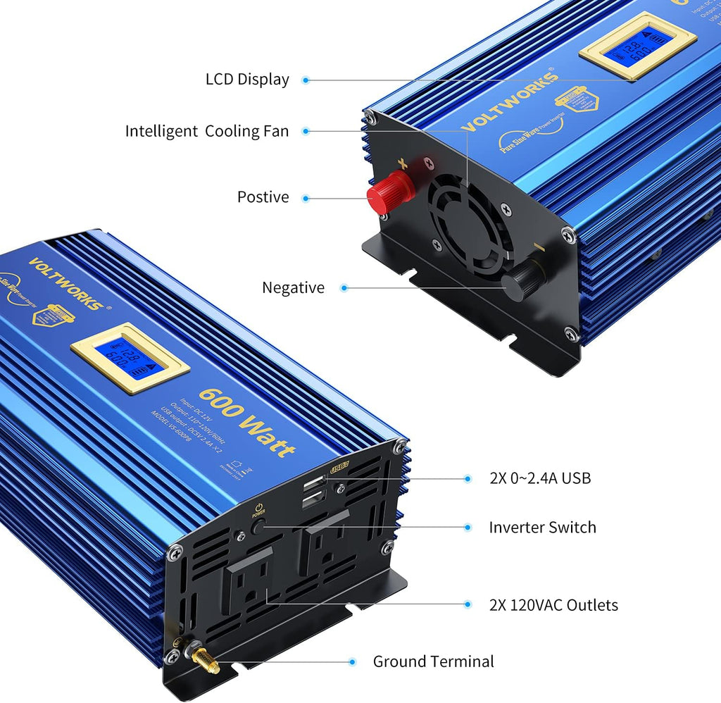 600 Watts Pure Sine Wave Power Inverter DC 12V to AC 110V 120V with Dual 2.4A USB Port & LCD Display T2839