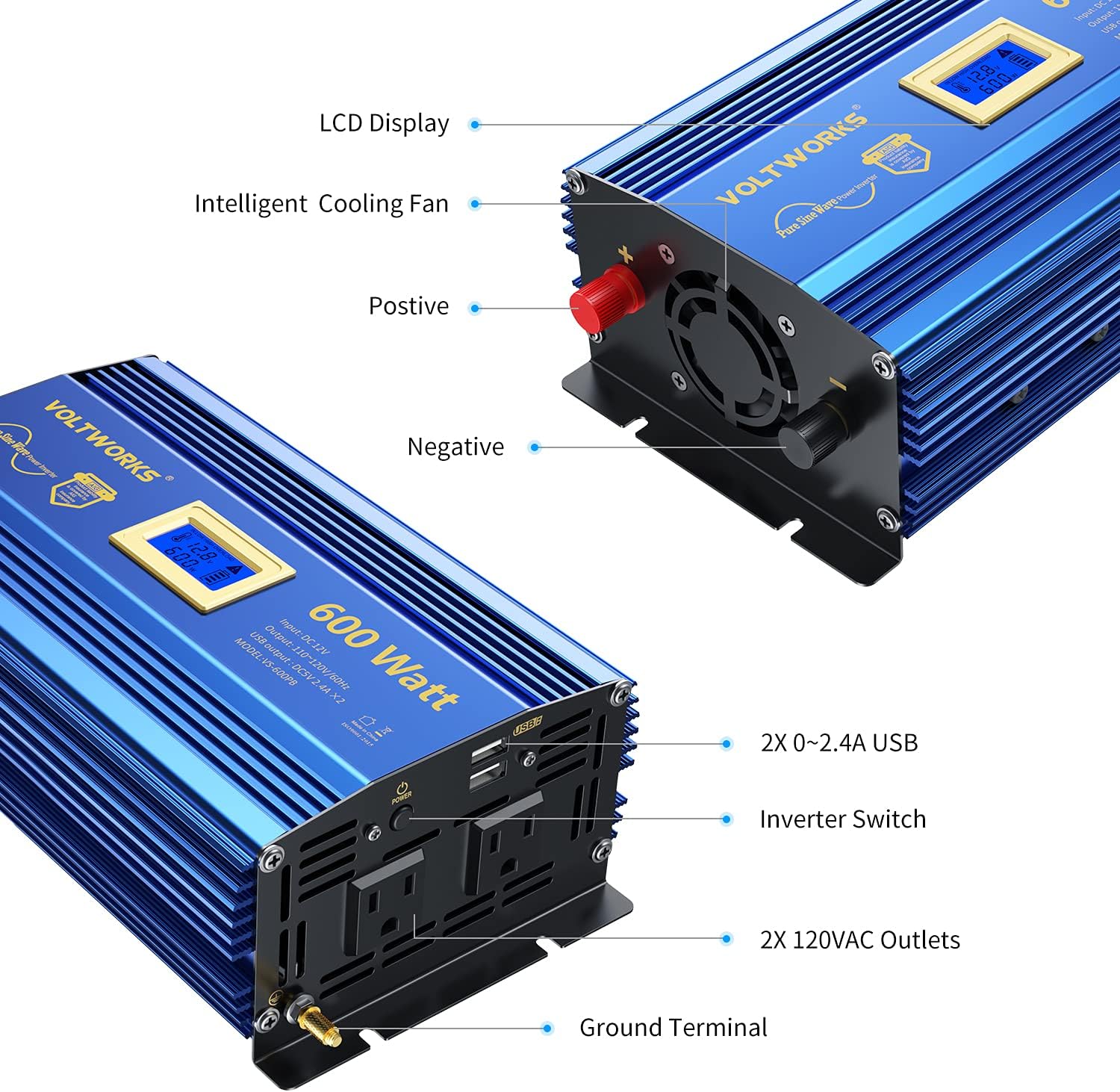 600 Watts Pure Sine Wave Power Inverter DC 12V to AC 110V 120V with Dual 2.4A USB Port & LCD Display T2839