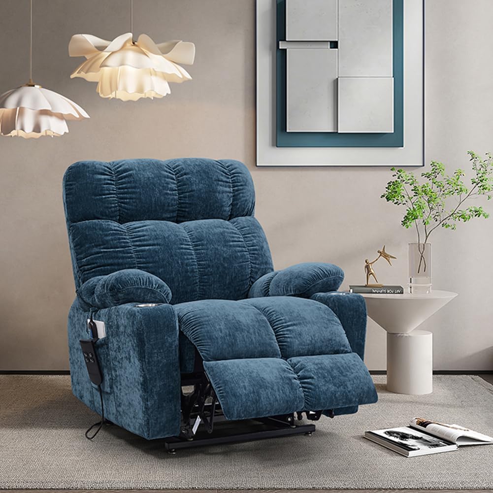 Blue Dual Motor Power Lift Recliner Chair with Remote Control Massage and Heat Cup Holder H628302