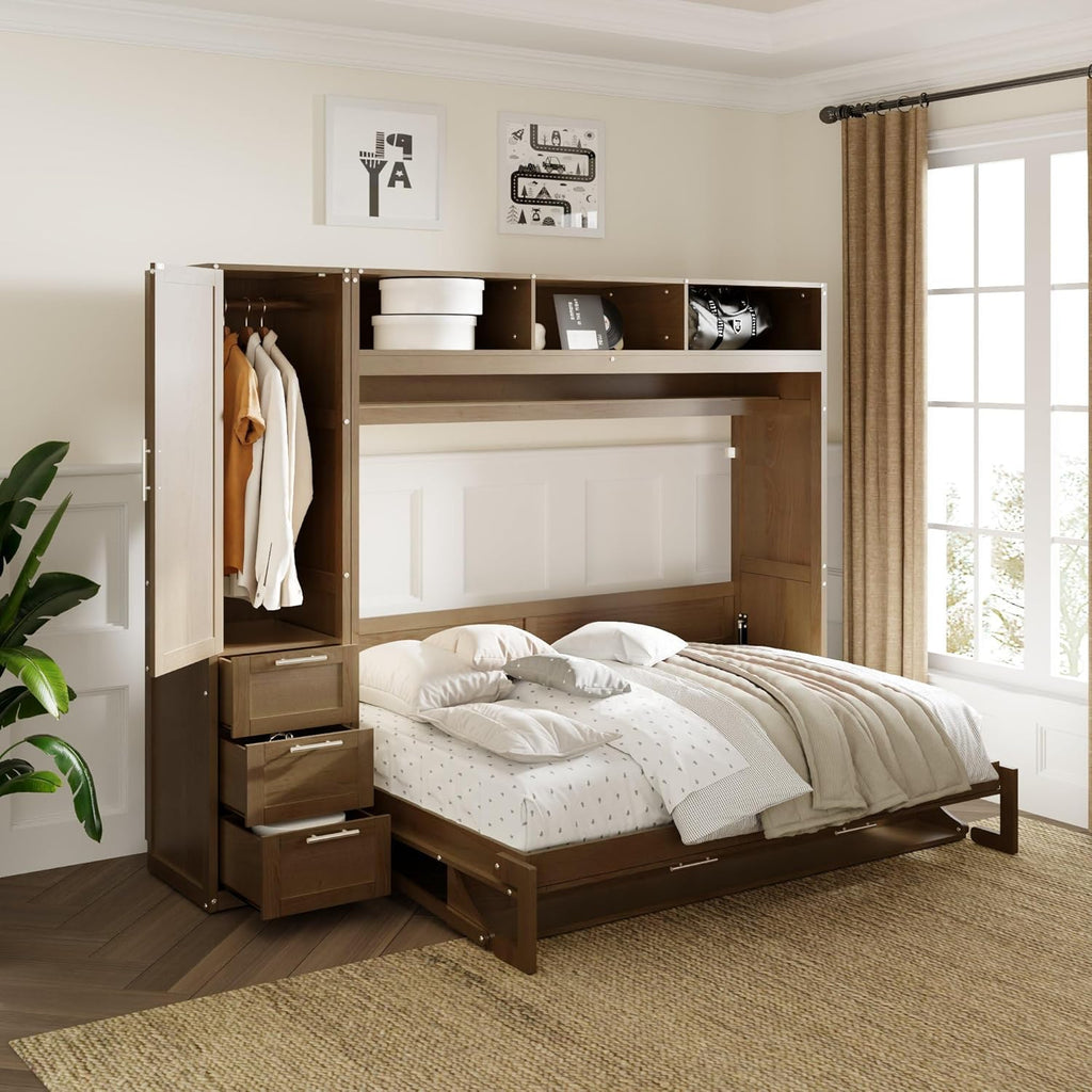 Full Size Murphy Bed Frame with Wardrobe, 3 Drawers and Open Shelves T428