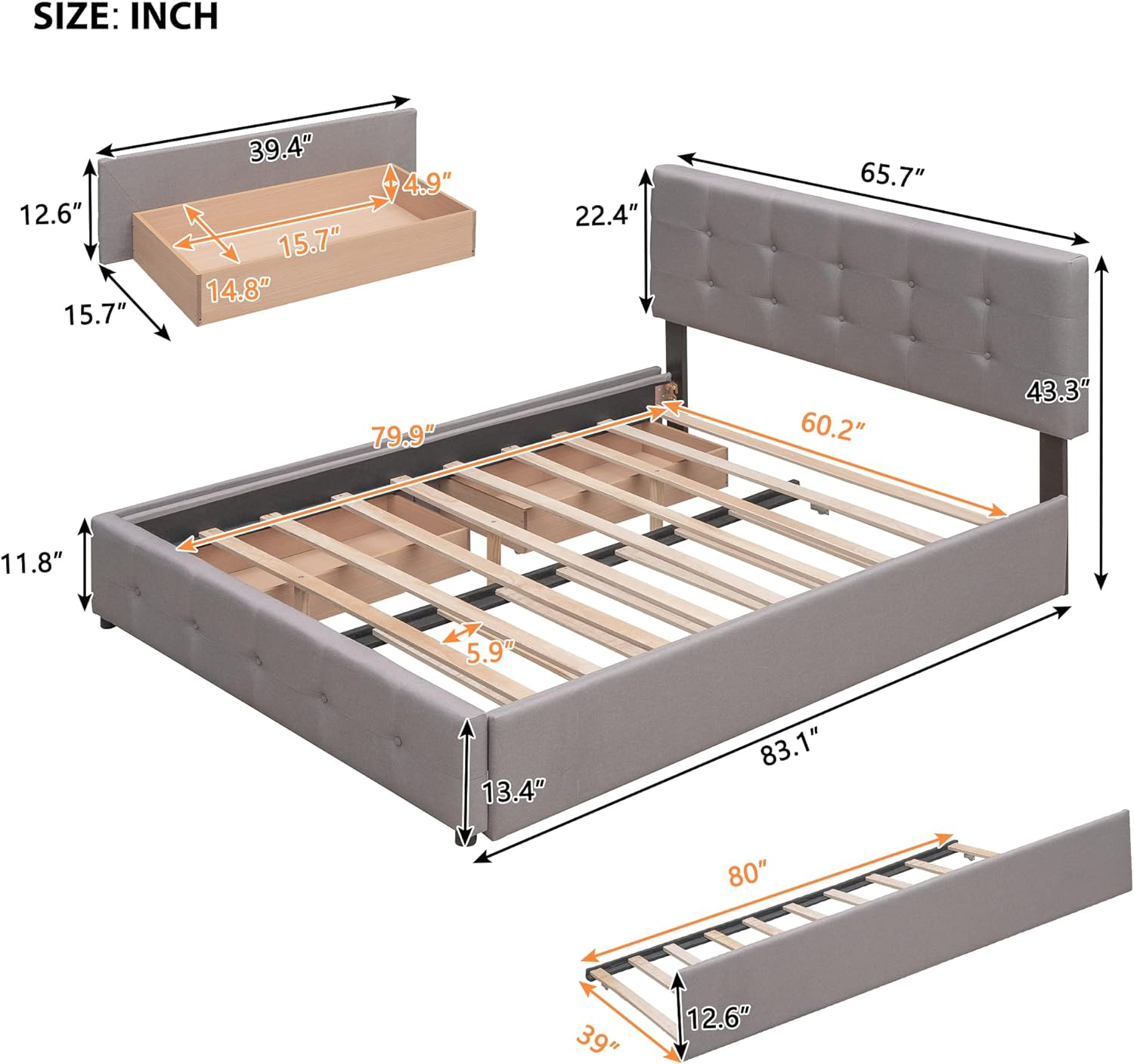 Light Gray Upholstered Platform Bed with Drawers N9122