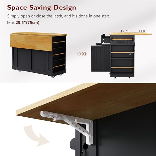 Black Kitchen Island with Power Outlet and Drop Leaf W2277
