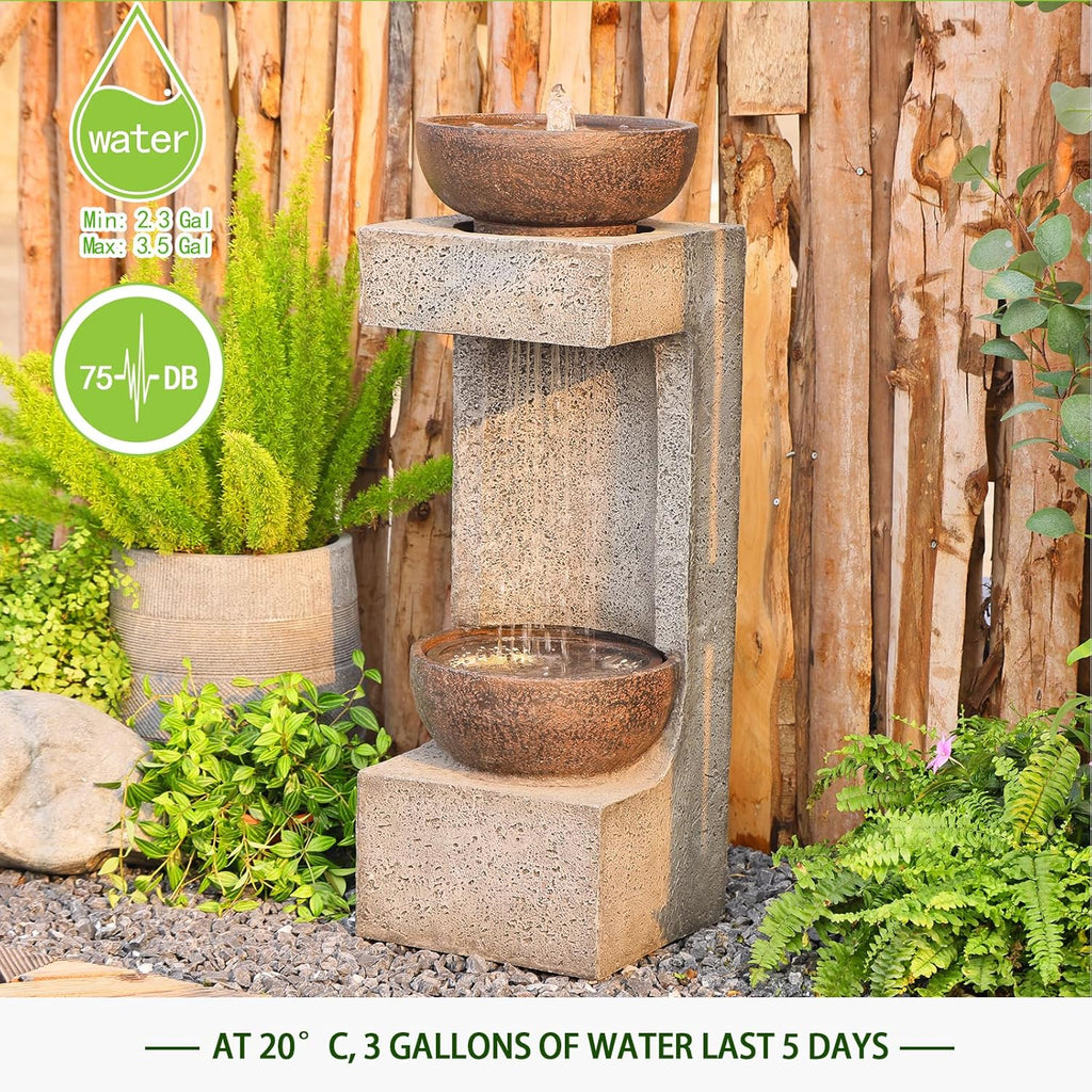 33.9" H Modern Tiered Outdoor Fountain with Lights and Stone Planter T304286