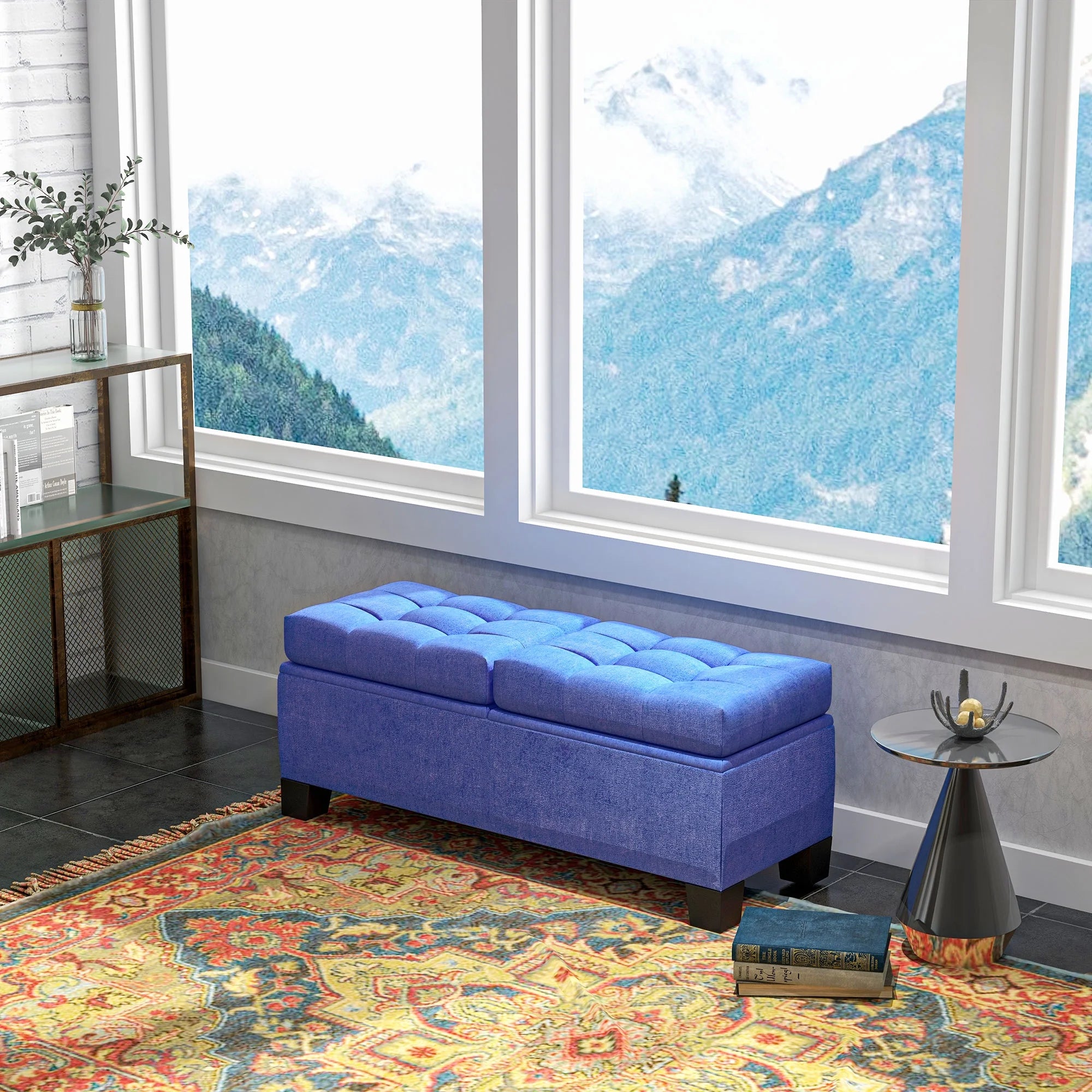 Blue Upholstered Bench with Steel Frame Q226