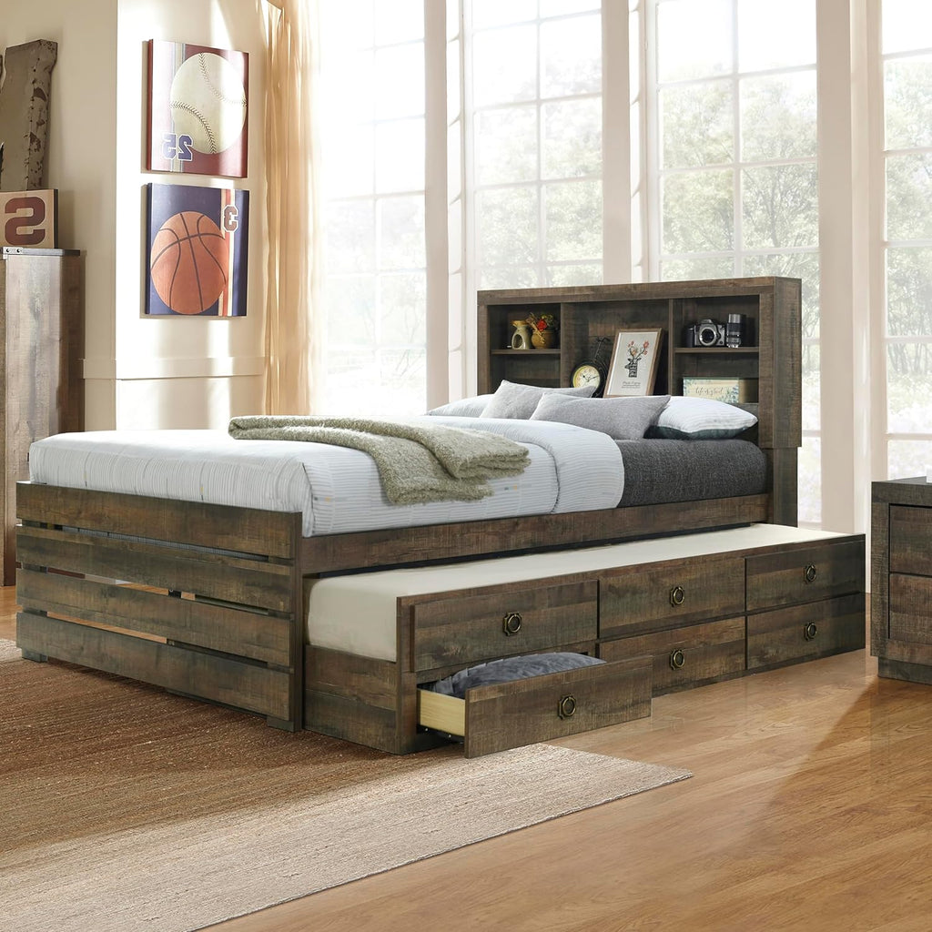 Twin Size Bookcase Captain Bed with Three Drawers and Trundle, Rustic Brown W123