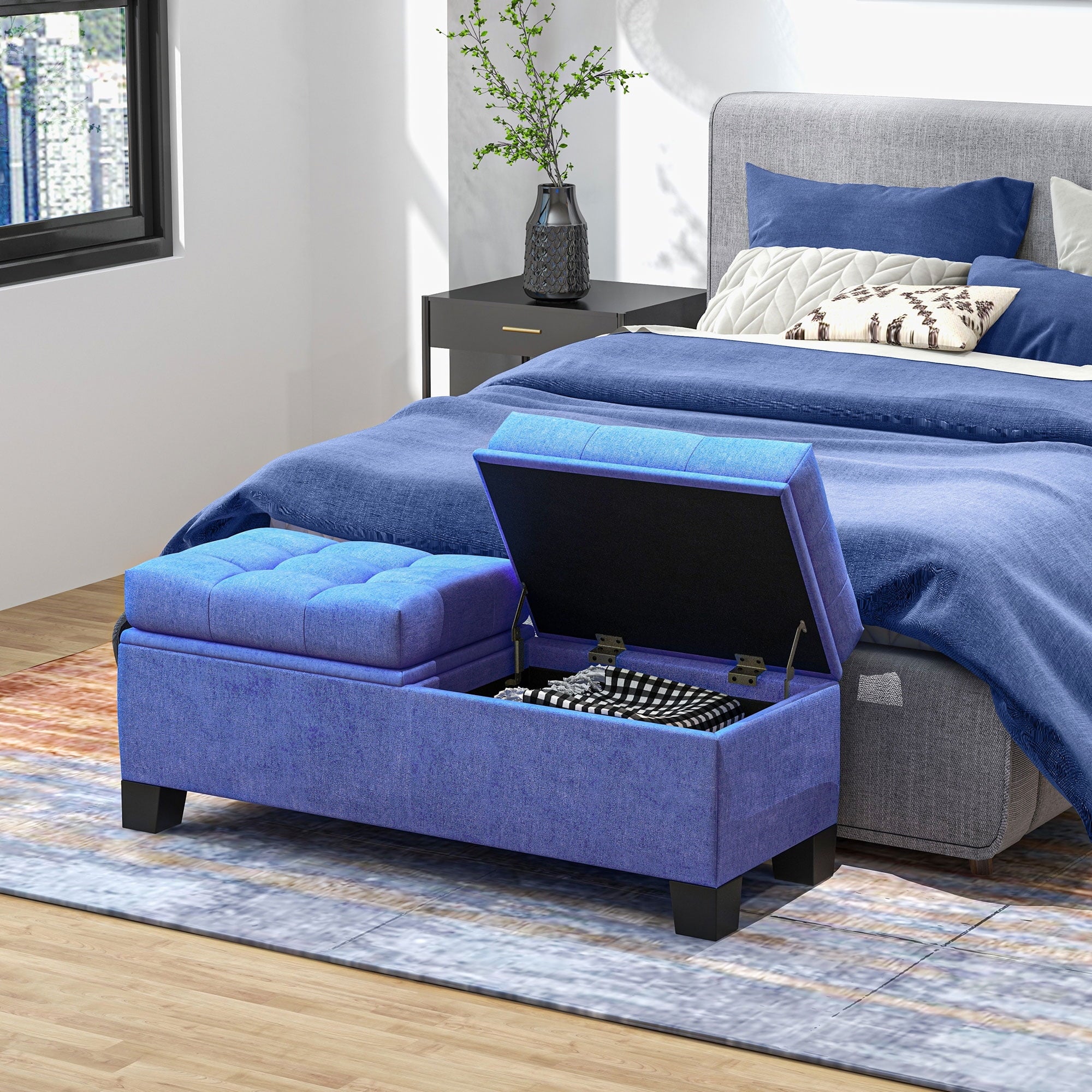 Blue Upholstered Bench with Steel Frame Q226