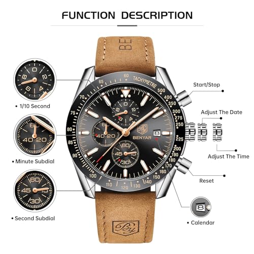 Mens Watches Analog Quartz Chronograph Waterproof Wrist Watches with Calendar Leather Stainless Steel Strap C110