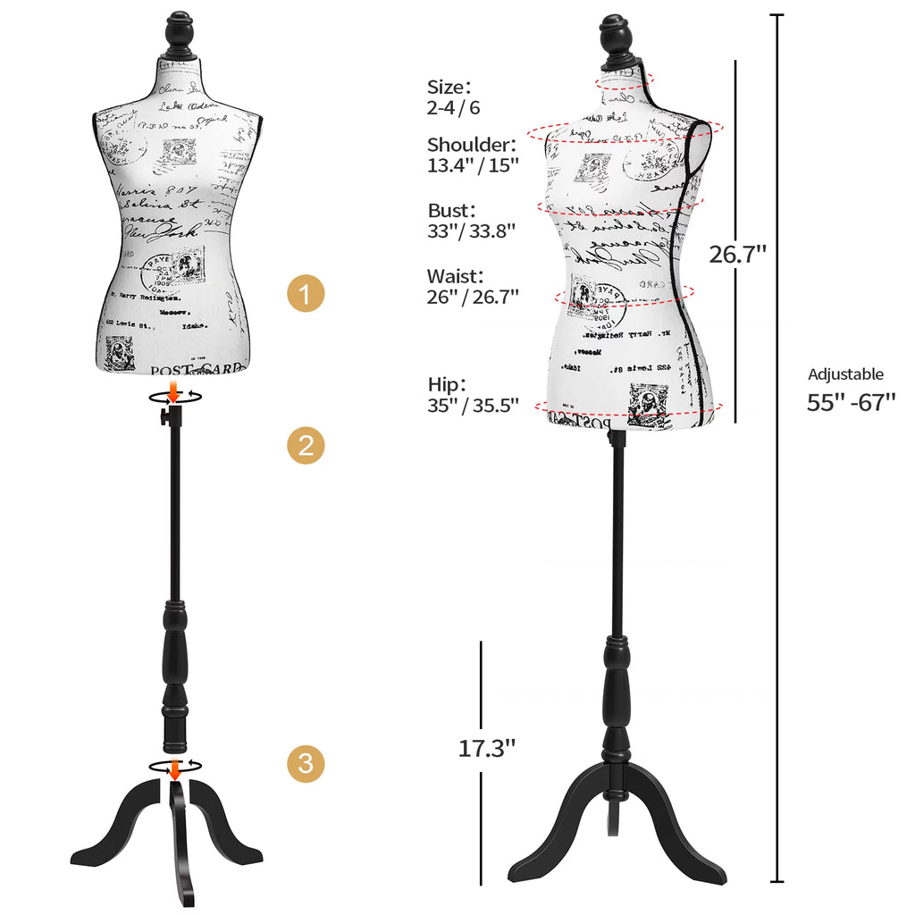 Female Dress Form Mannequin Body Torso with Wooden Tripod Base Stand W888007