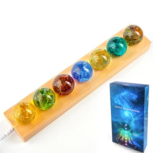 7 Pcs Crystal Glass Decorative Ball Set with LED Wooden Base X3427