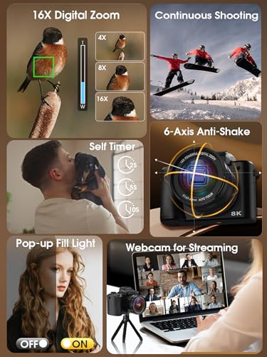 8K Digital Camera, 88MP, WiFi, Touch Screen, 16X Zoom, Autofocus, Anti-Shake, Dual Camera, 2 Batteries, 64GB Card, Flash, Lens Hood P24850