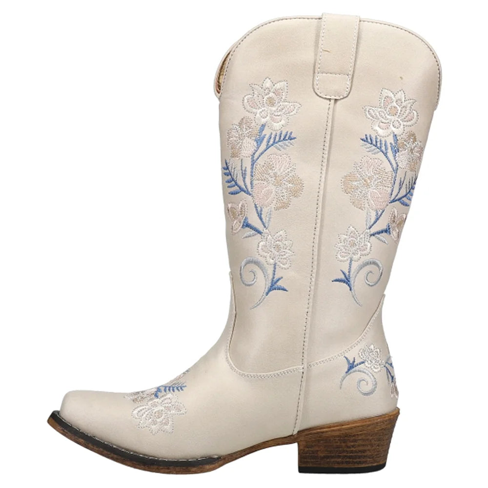Womens Floral Embroidery Snip Toe Casual Boots Mid Calf Low Heel Q511532