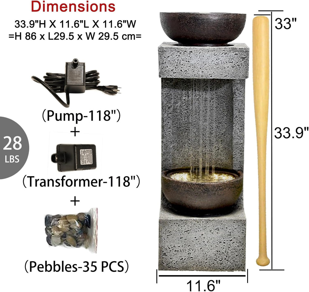 33.9" H Modern Tiered Outdoor Fountain with Lights and Stone Planter T304286