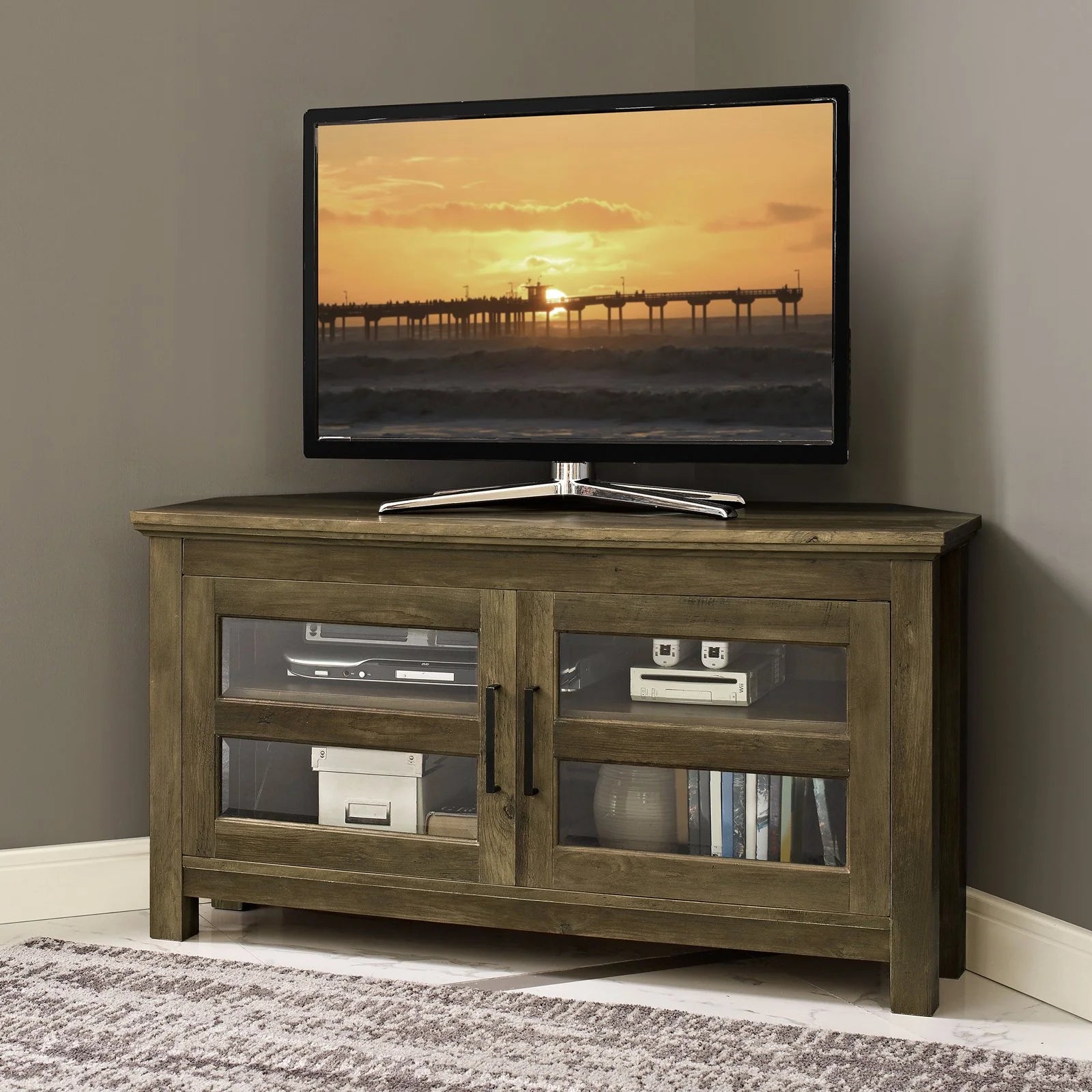 Grey Wash Wood Corner TV Console Y3977