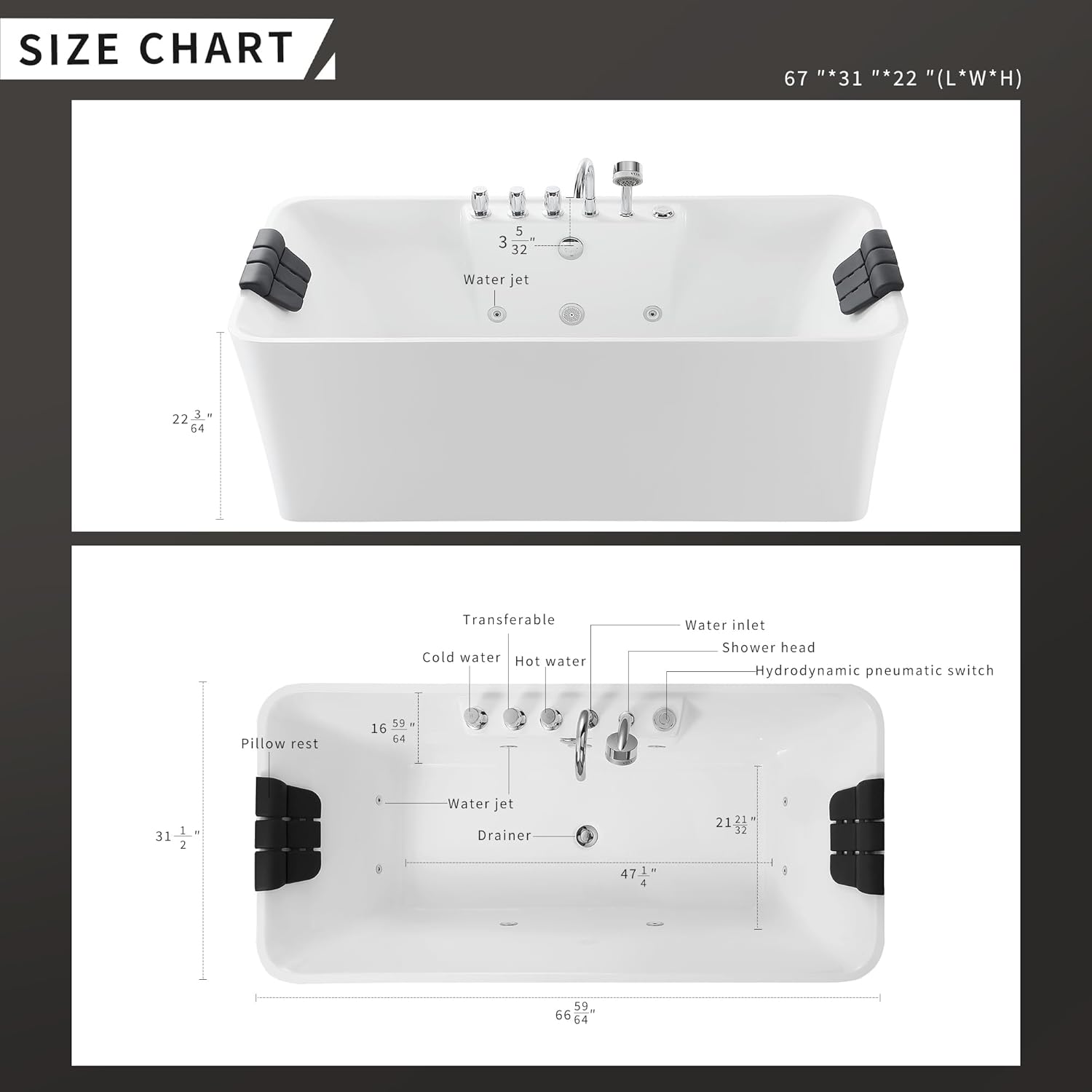 67 Inch Freestanding Acrylic Whirlpool Bathtub with 8 Jets, White T737149