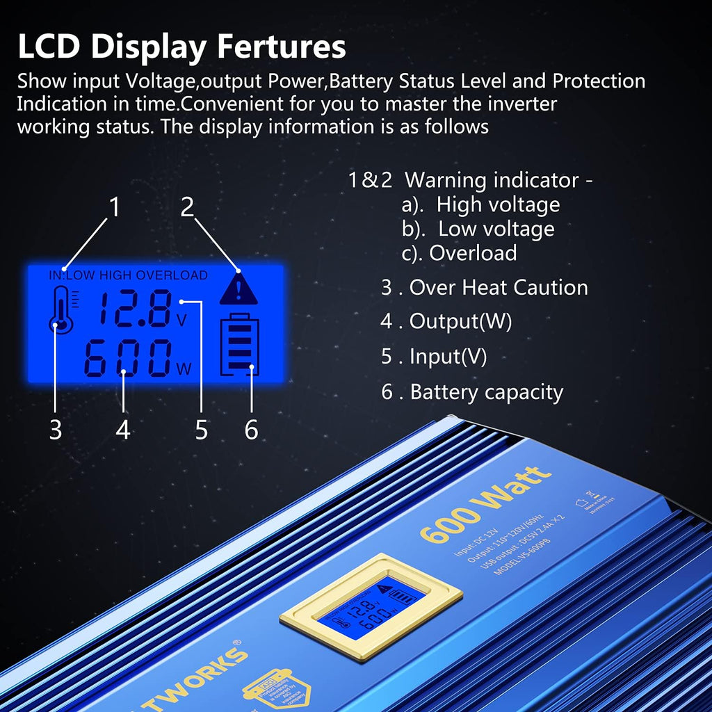 600 Watts Pure Sine Wave Power Inverter DC 12V to AC 110V 120V with Dual 2.4A USB Port & LCD Display T2839