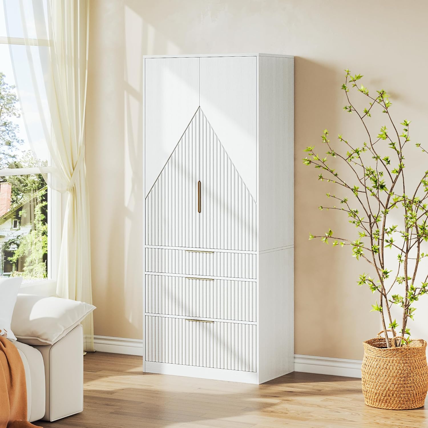 White Wooden Wardrobe Armoire with 2 Doors and 3 Drawer M9454