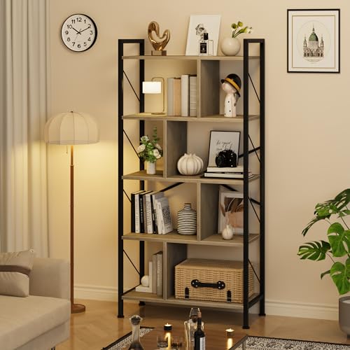 5 Tier Rustic Brown Bookshelf with Metal Frame M7552
