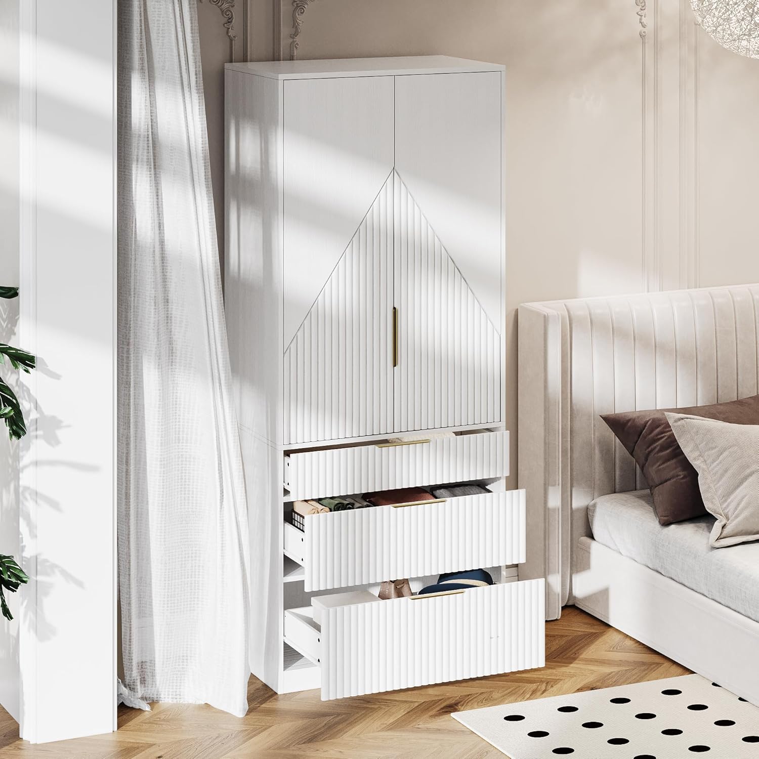 White Wooden Wardrobe Armoire with 2 Doors and 3 Drawer M9454