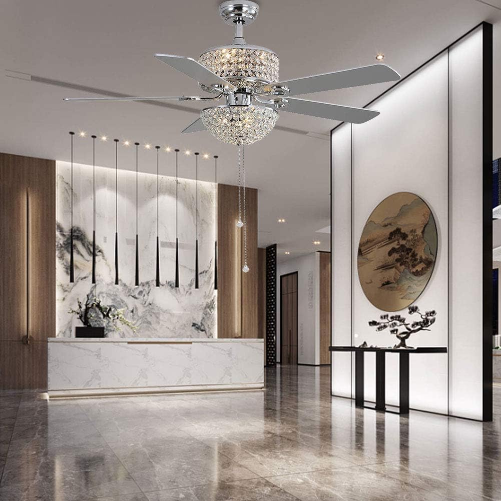 Silver Crystal Ceiling Fan with Light and Remote 5 Blades K7109
