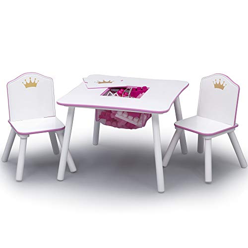 White/Pink Kids Wood Table and Chair Set with Storage J624