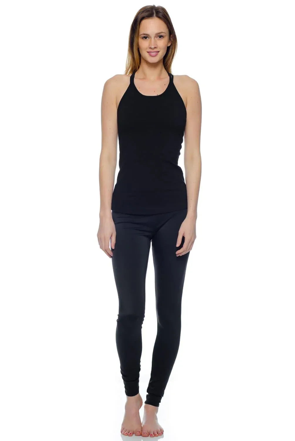 Sleek High-Cut Neckline Double Cross Back Tank - Black
