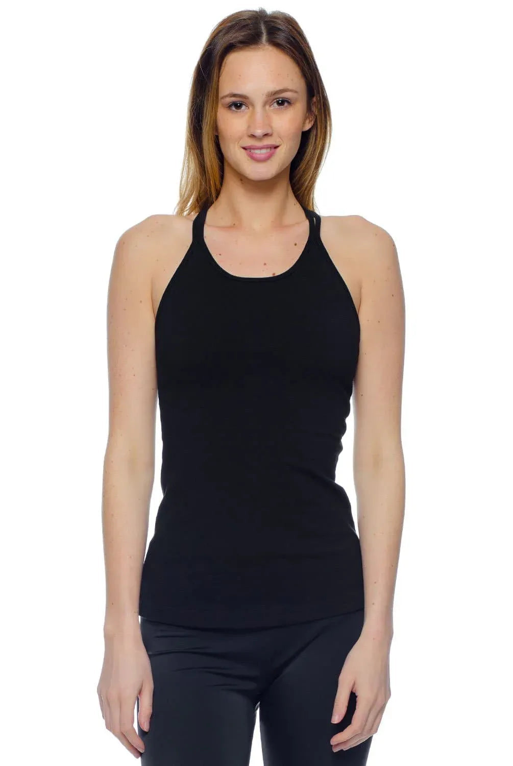 Sleek High-Cut Neckline Double Cross Back Tank - Black