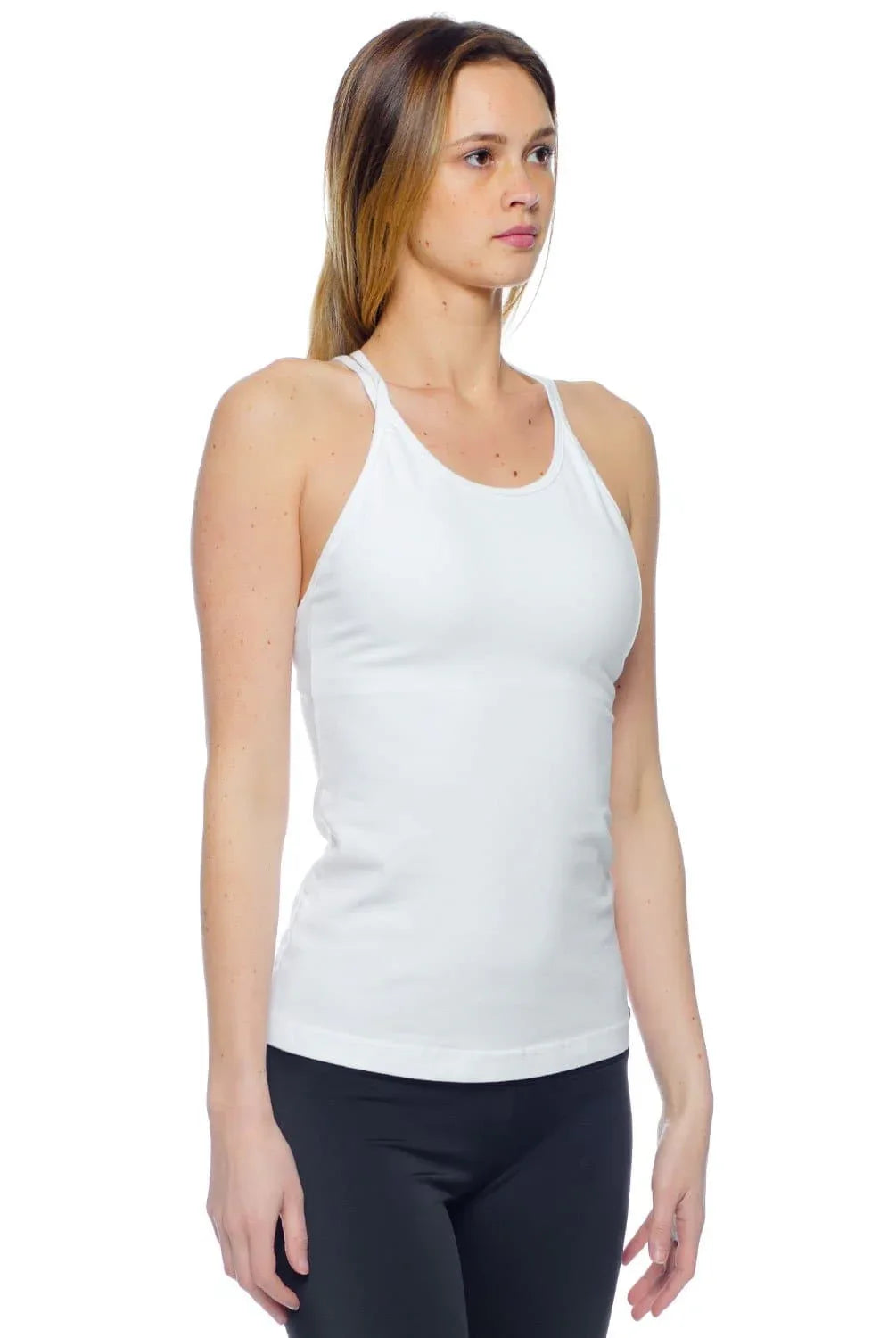 Sleek High-Cut Neckline Double Cross Back Tank - White