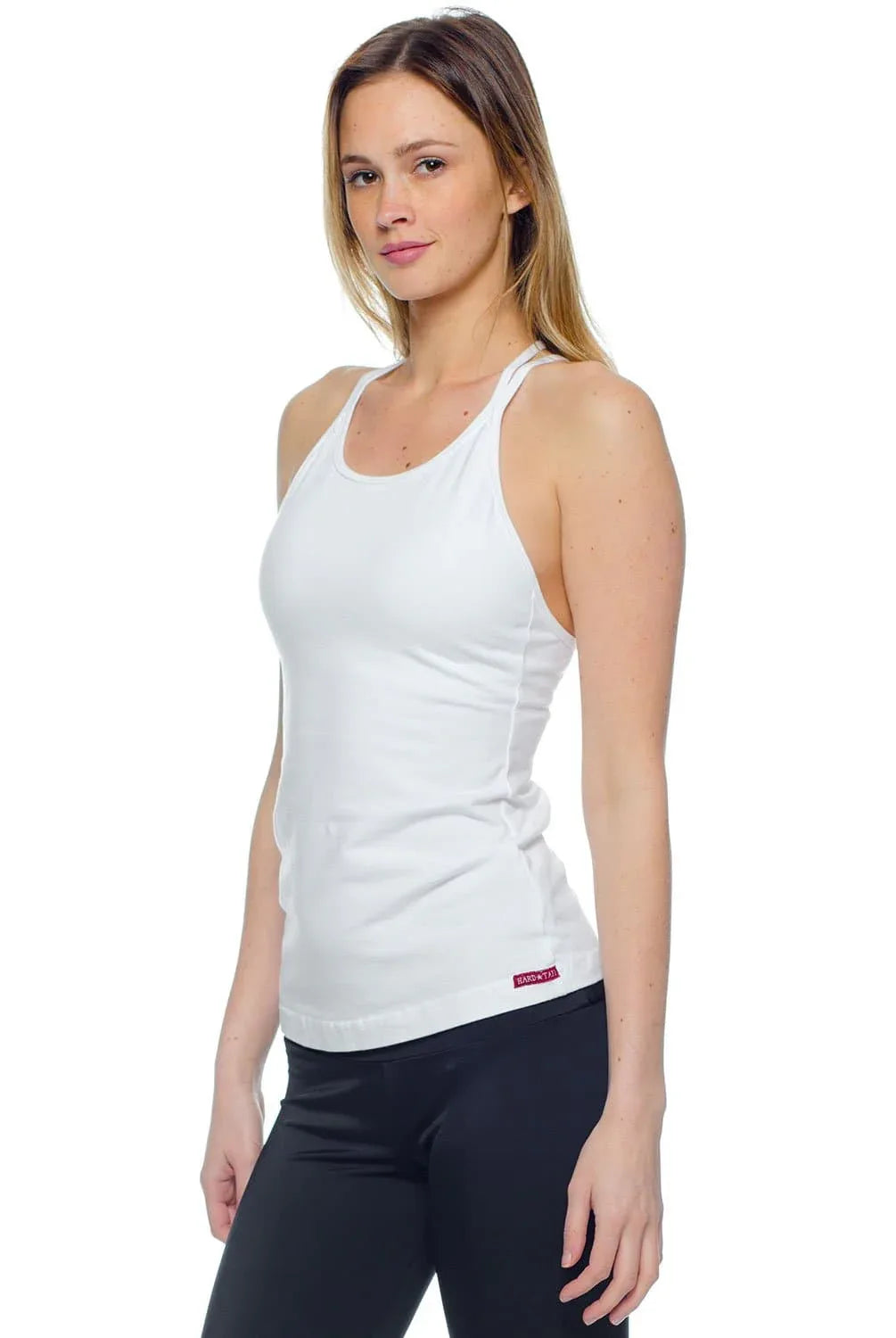 Sleek High-Cut Neckline Double Cross Back Tank - White